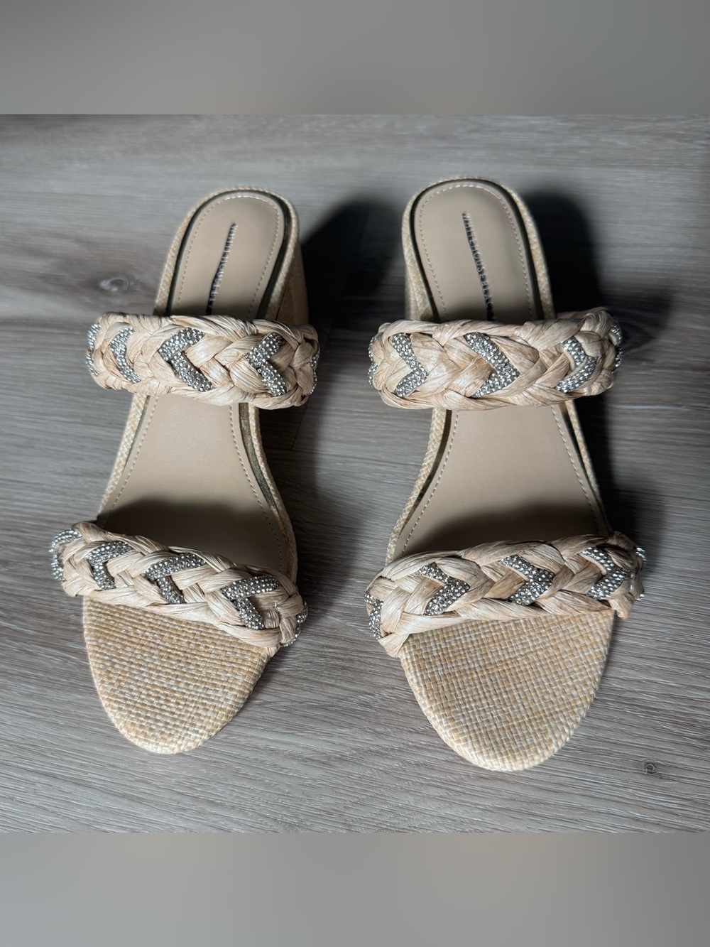 White House Black Market Braided Raffia Block Heel Sandals in Natural Beige